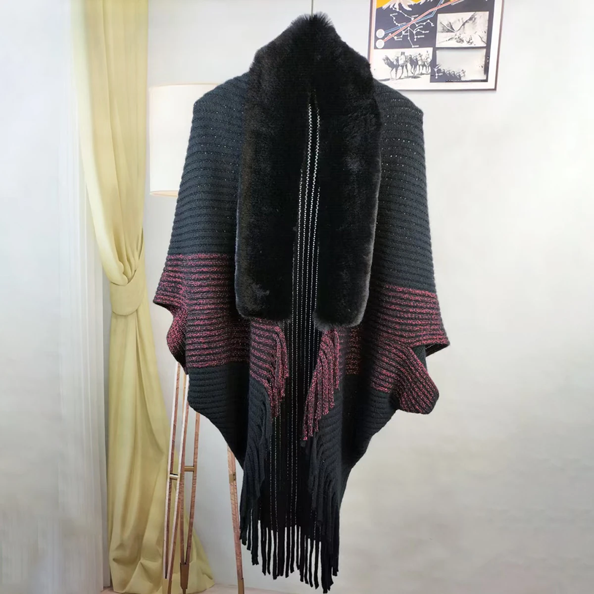 Châle à col en fourrure pour femme, écharpe Rapoptics, long pompon, Pashmina de collision de documents, chaleur extérieure, créateurs de luxe, hiver