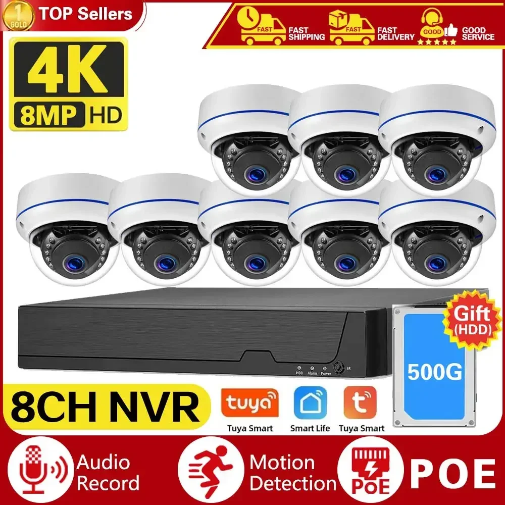 

TUYA 4K Ultra HD POE Video Surveillance System 8CH NVR Recorder With 8MP Security Camera CCTV Kit Audio Recording Dome Ip camera