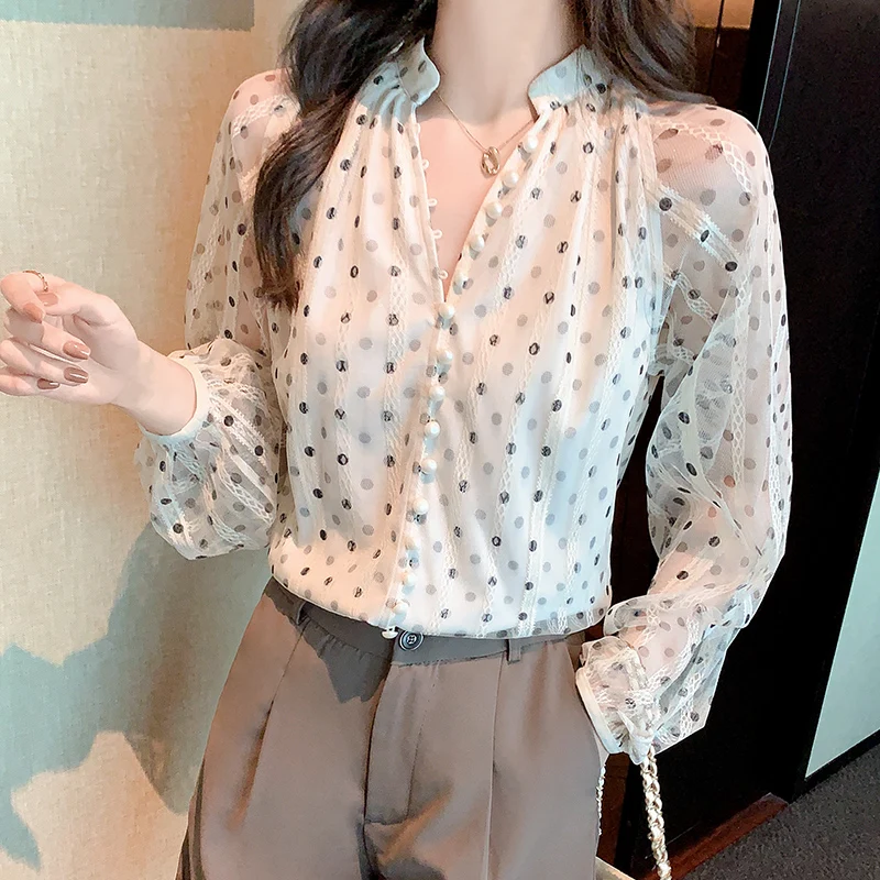 Ladies Korean Fashion Casual Wave Point Shirts Blouse Women Tops Woman Button Up Shirt Female Girls Long Sleeve Blouse BPy6097