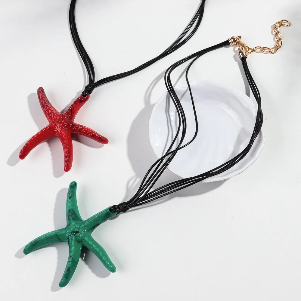 Collares con colgante de estrella de mar de océano acrílico Extra grande para mujer, gargantilla de cuerda de cuero con estrella exagerada, regalo de joyería Bohemia