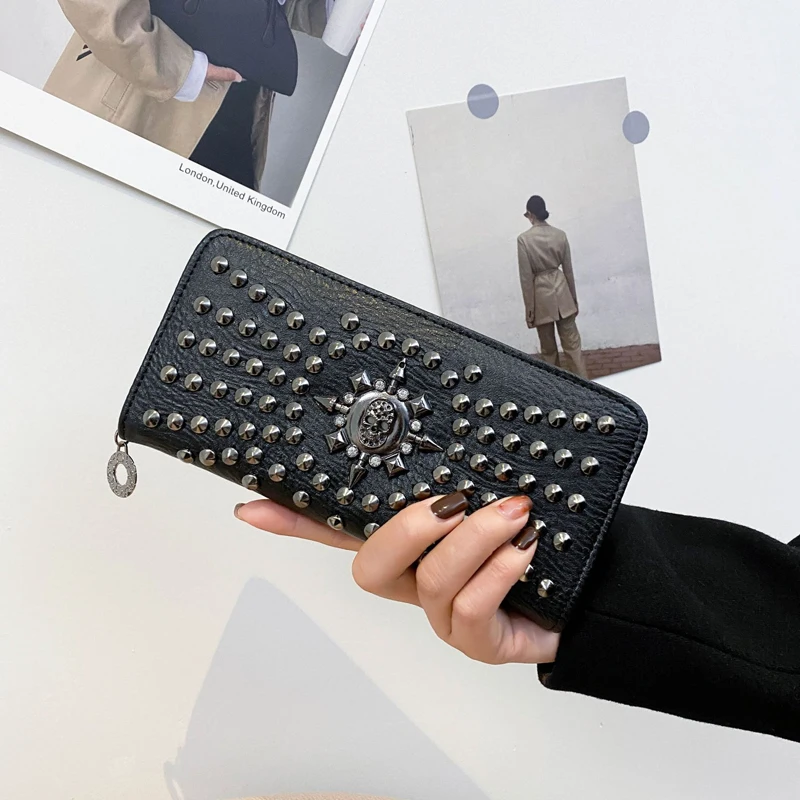 SHELKSBAG Skull Wallet Studded Large Clutch Punk Gothic Rivets Credit Card Wallets Faux Leather Designer Vintage Purses