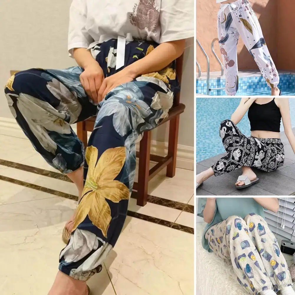 

Women Bloomers Floral Print Wide Leg Pants for Women Elastic Drawstring Waist Beach Trousers Leisure Travel Bloomers Wide-leg