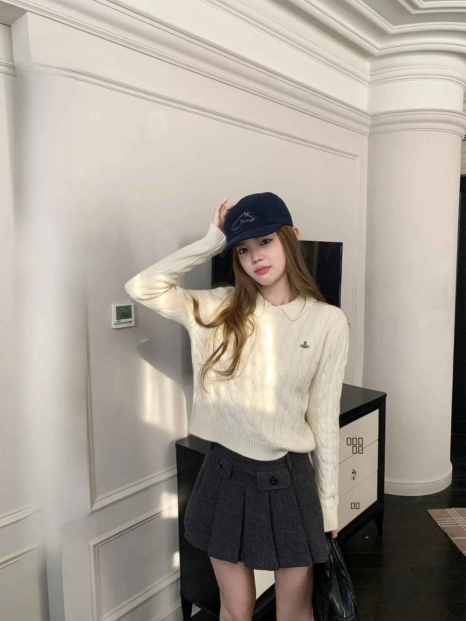 

Yuzuqi West Street Magazine White Ne Sweater Women's Turn-down Twist Long Sve Knitted Top Casual Loose Fit