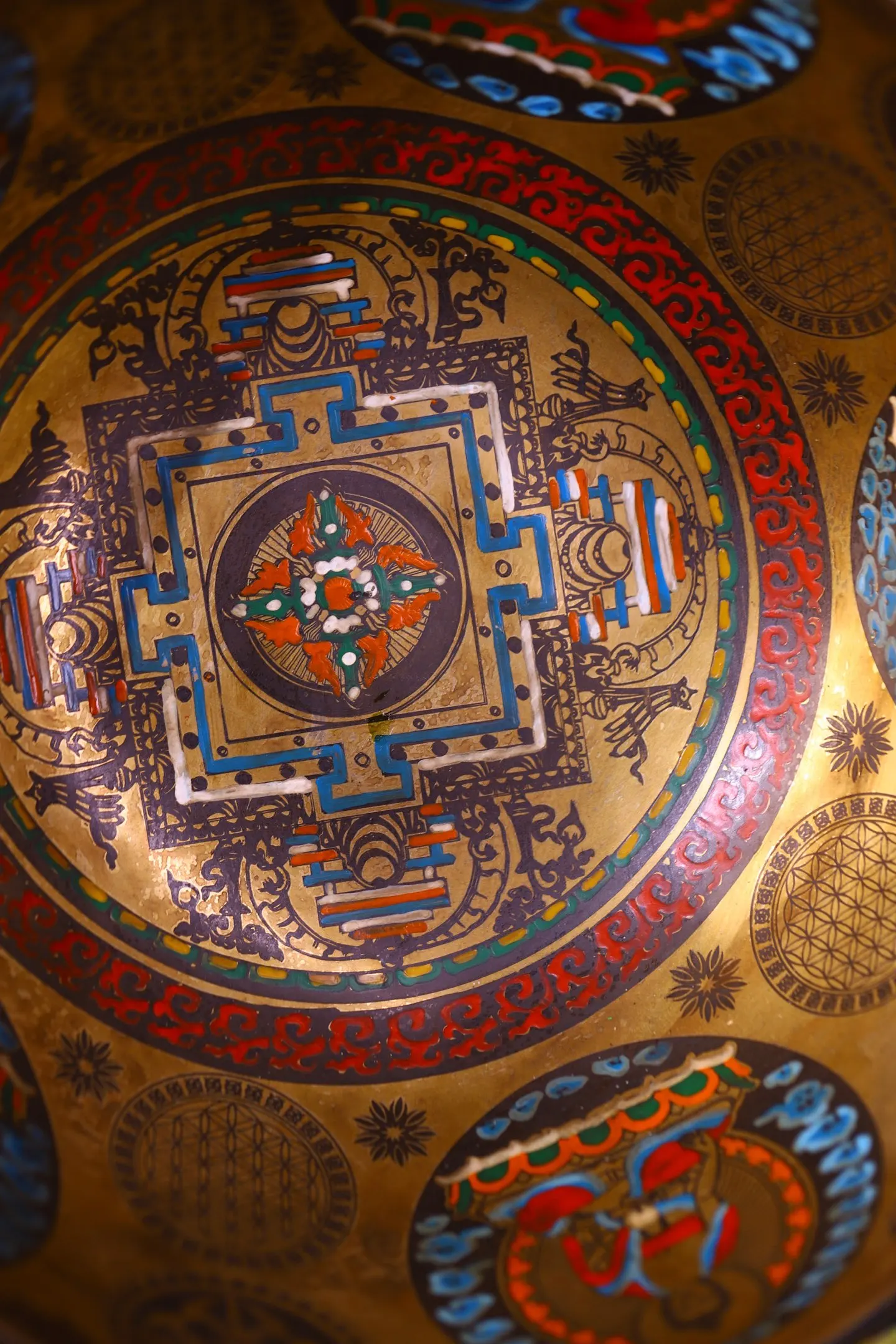Old Bronze Painted Gilded Old scripture Cross Vajra Shakyamuni pattern Buddhist Music Bowl Sacrificial Buddha Bowl