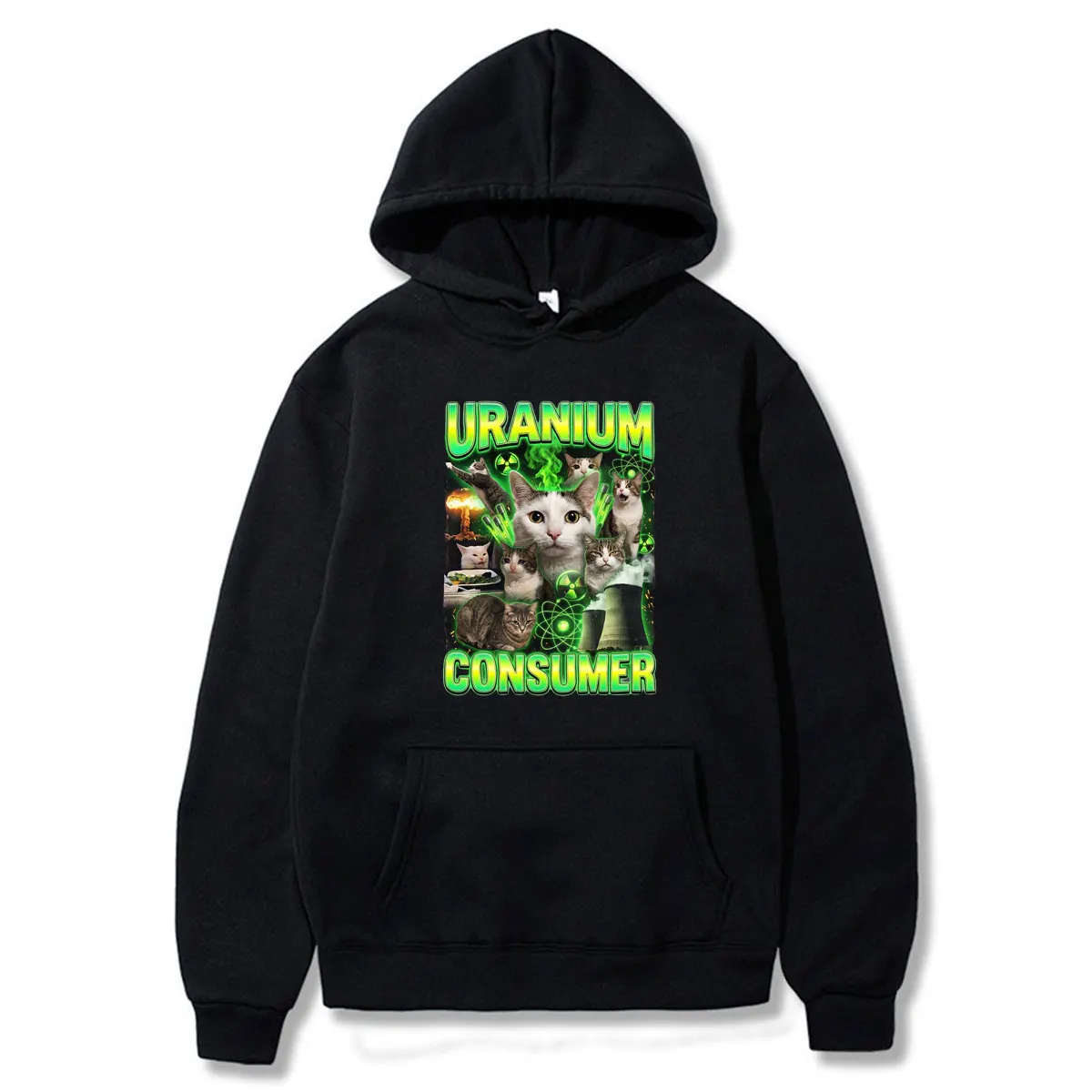 Sweat à capuche décontracté unisexe avec motif humoristique 'Uranium Consumer Cat Meme', coupe oversize, manches longues, streetwear d'hiver