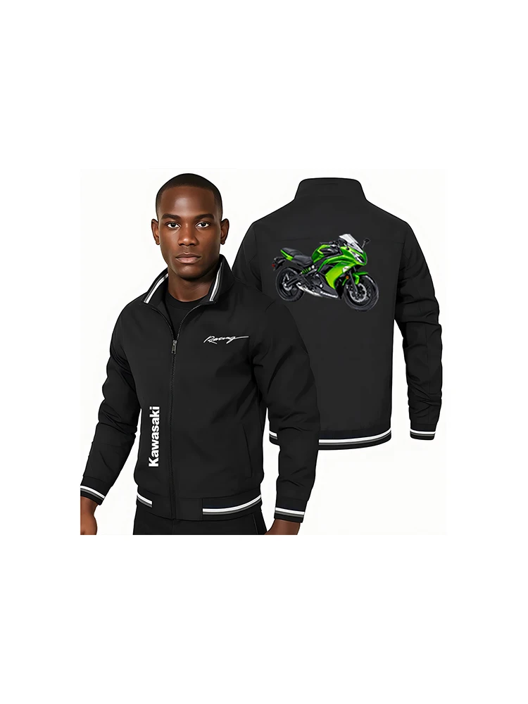 

2025 Cross border Autumn European and American New Kawasaki Motorcycle Printed Jacket Street Men's cardigan Zipper Jacket