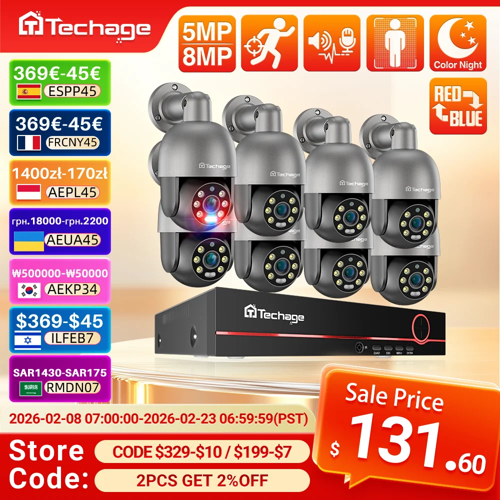 

Techage HD 5MP 8MP POE Smart Security PTZ Camera System Outdoor Ultra H.265 8CH Система видеонаблюдения Полноцветный комплект ночного наблюдения