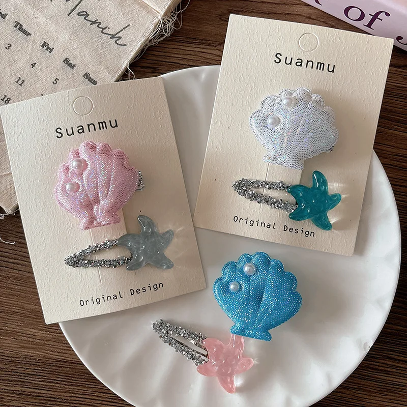 

Korean Ocean Princess Hair Clips Sea Star & Seashell Snap Clips Summer Bangs Clips for Girls Non-Slip Hair Accessories 2pcs