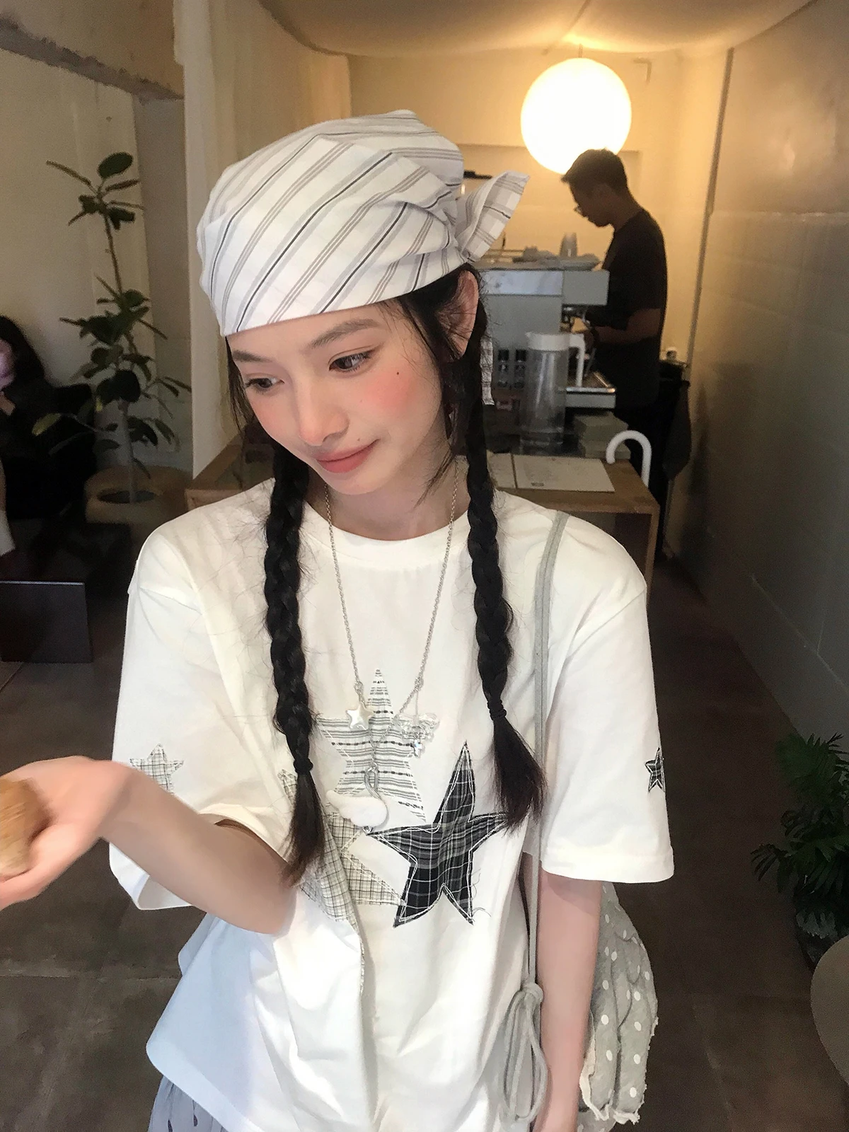 Sakura Star Embroidery Short Sleeve round Neck T-Shirt Women Casual Loose Cotton Summer Top Versatile Lazy Style