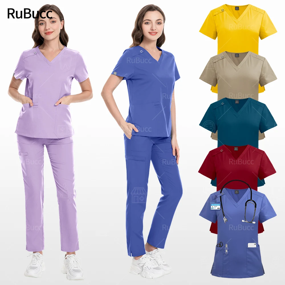 

Short Sleeve V-neck Tops+Pants Set Scrubs Uniform Suit Surgical Nursing Uniform Women Multicolor Pet Vet Doctor Medical Workwear