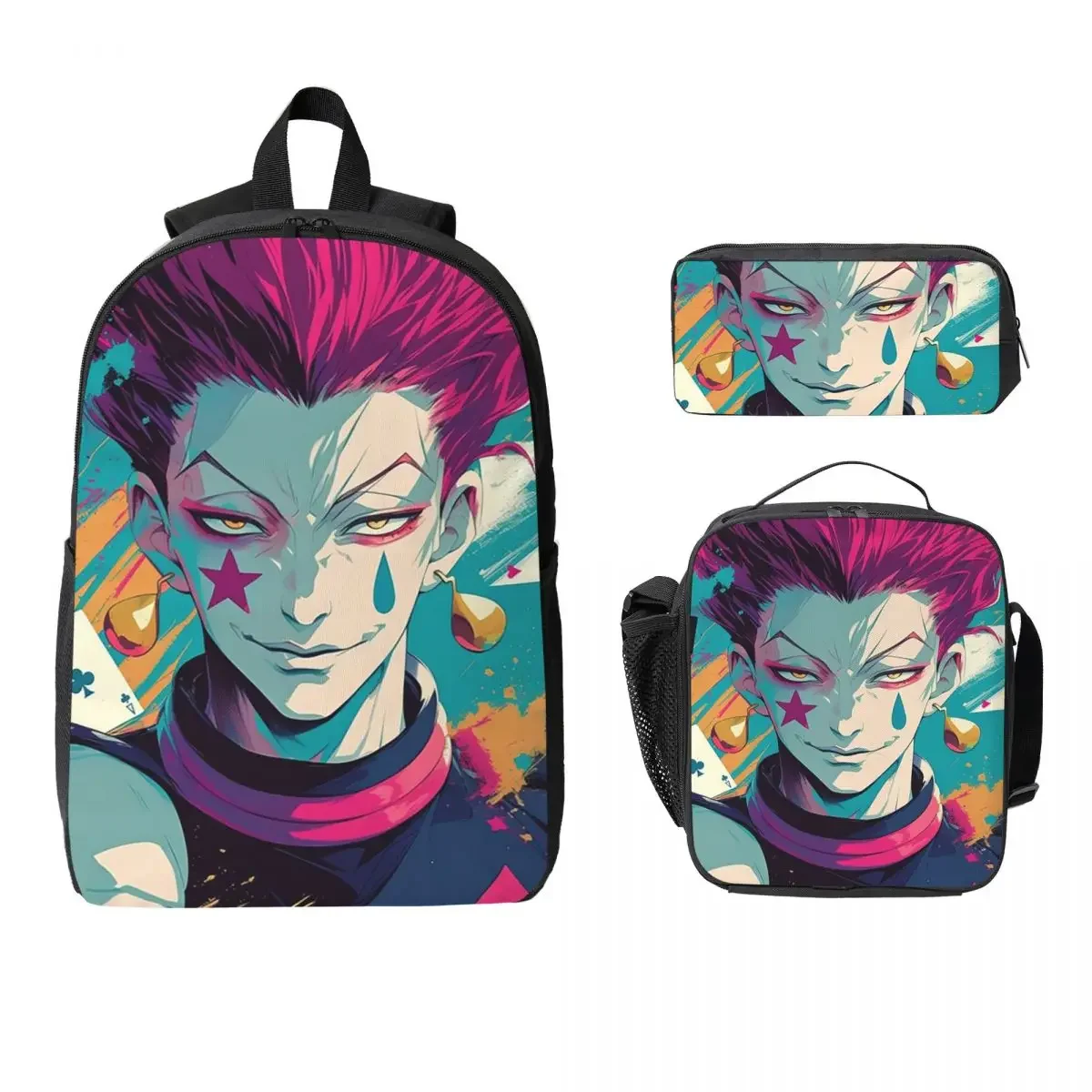Anime Hisoka Hunter X Hunter Magical Joker Backpack BookBag School Bag Laptop Shoulder Bags 3ps Insulated Lunch Bag Pencil Case
