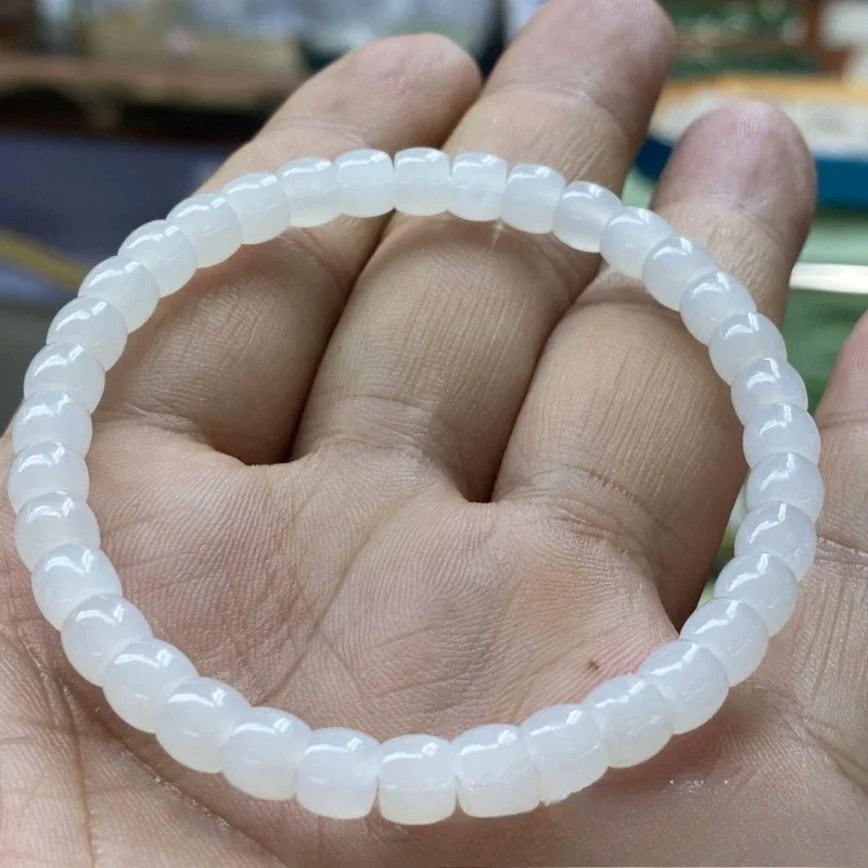 

High oiliness Natural Hotan Jade bracelet barrel type pearl goat fat white jade delicate and oily men women jade bracelet luxury