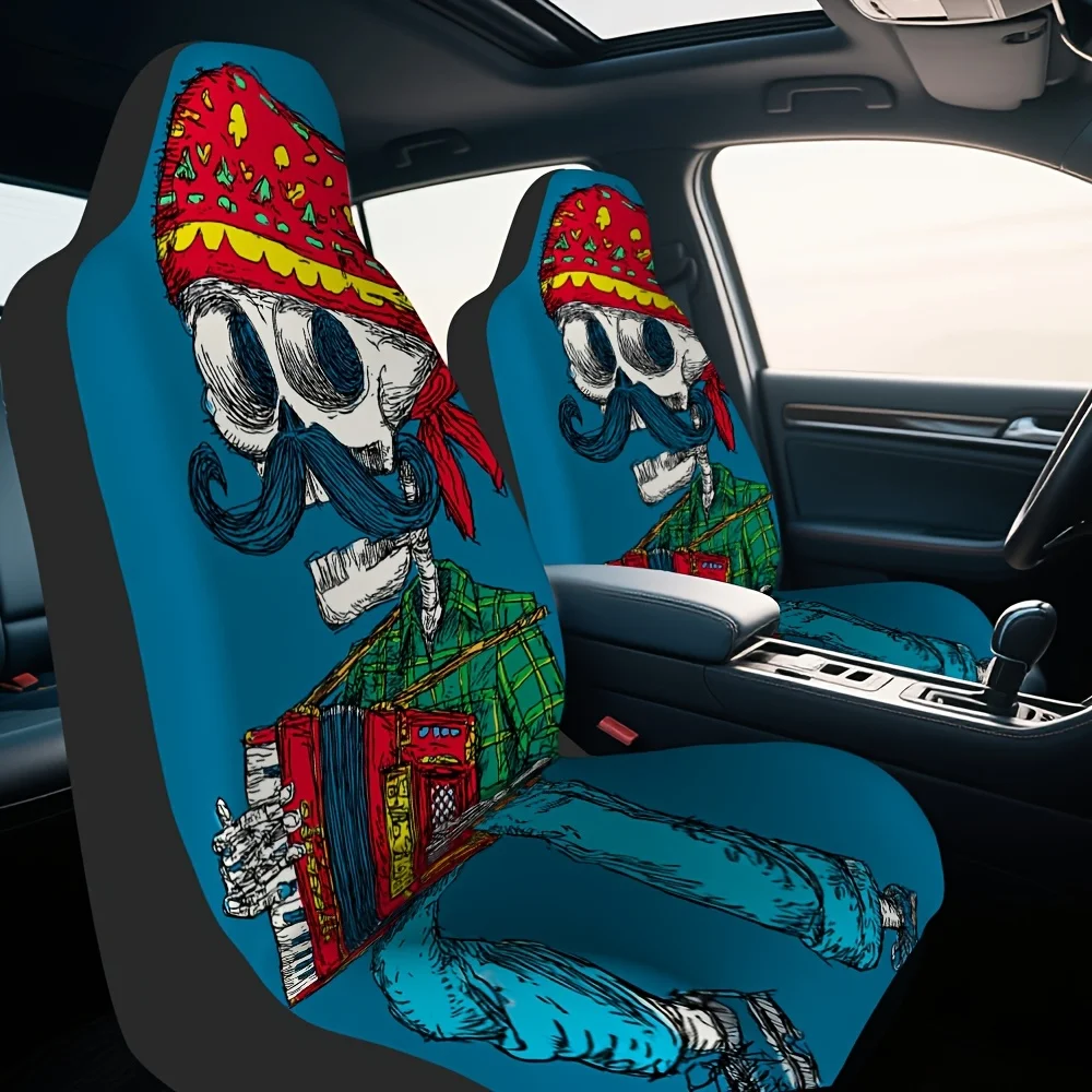 2pcs, Unique Cartoon Skeleton Accordion Music Dayofthedead Pattern Car Seat Covers, Soft And All Season Use, Compatible With Car
