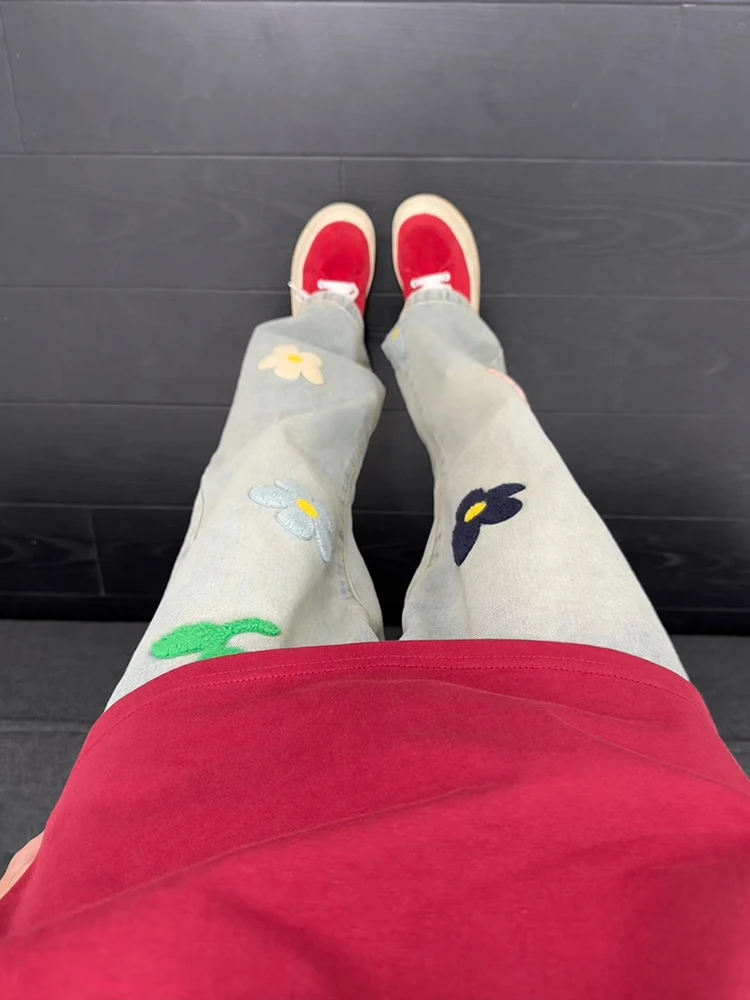 

Винтажные синие джинсы с вышивкой в американском стиле, мужские, с высокой талией, широкими штанинами, удлиненные, расклешенные, с эффектом удлинения ног