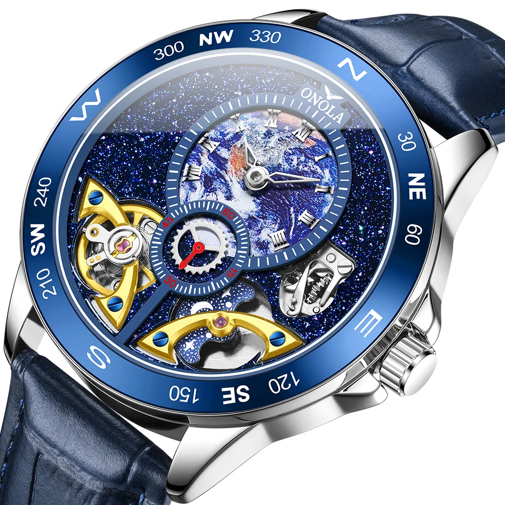ONOLA New Luxury Men Watch Business Leather Starry Sky Dial Waterproof Original Men Automatic Mechanical Watch Men Clock