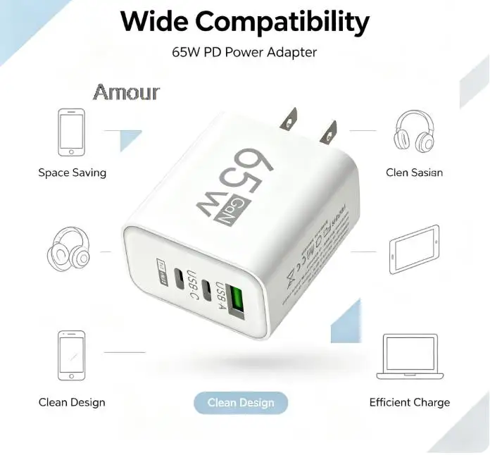 65W GaN 3‑Port USB‑C Compact Wall Charger PPS PD3.0 QC3.0 Fast Power Adapter For Laptop iPhone 17 16 15 14 Samsung Phone Charger