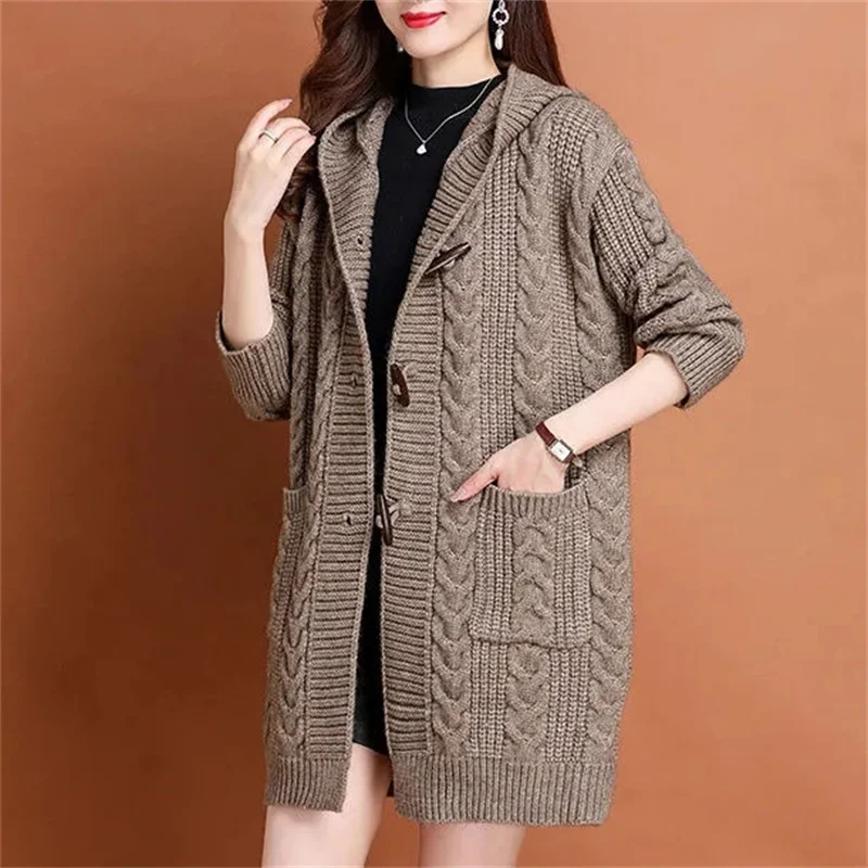 Autumn Winter Thick Sweater New Style Knitted Outerwear Women\'s Cardigan Medium Long Hooded  loose Cardigan Knit Sweater Coat