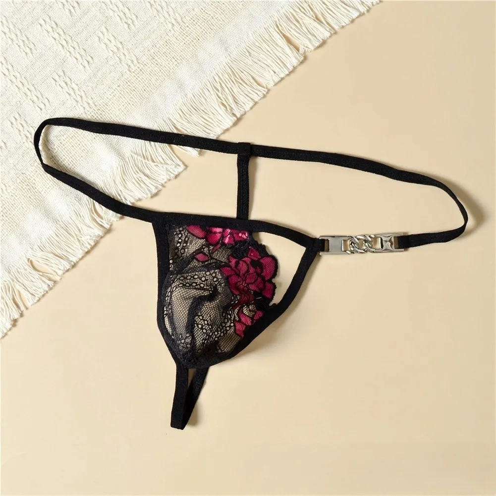 Men\'s Thong Underwear Featuring Floral Lace Trim See Through Mesh Bulge Pouch Support and Chain Waistband Accent