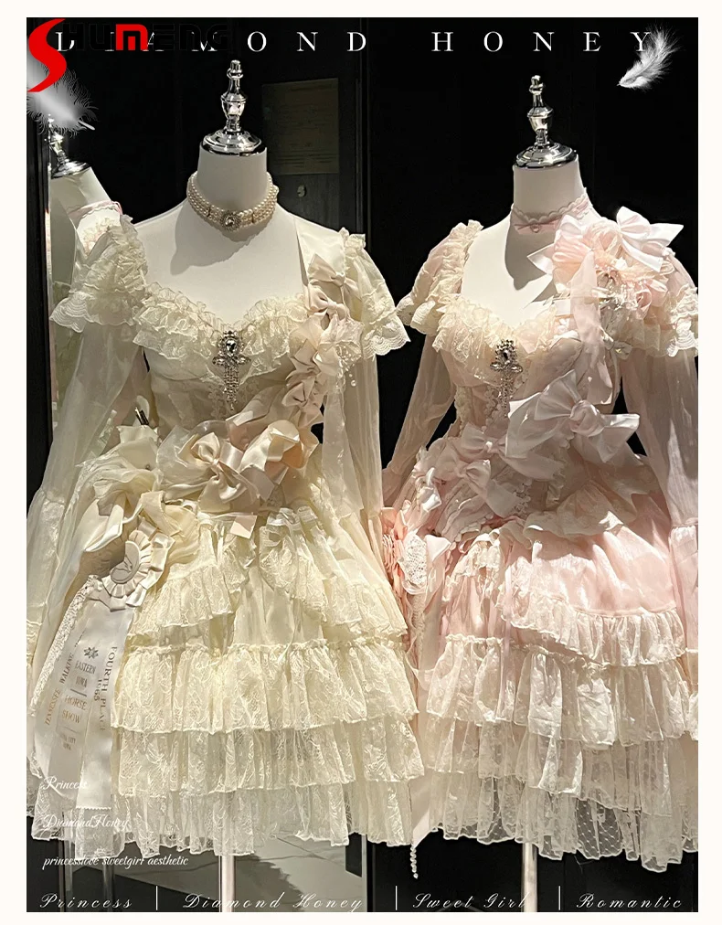 

Pink Romantic Lolita Dress Female Exquisite Elegant High Waist Slim Bow Lace Princess Party Evening Dress Fairy Dress Vestidos