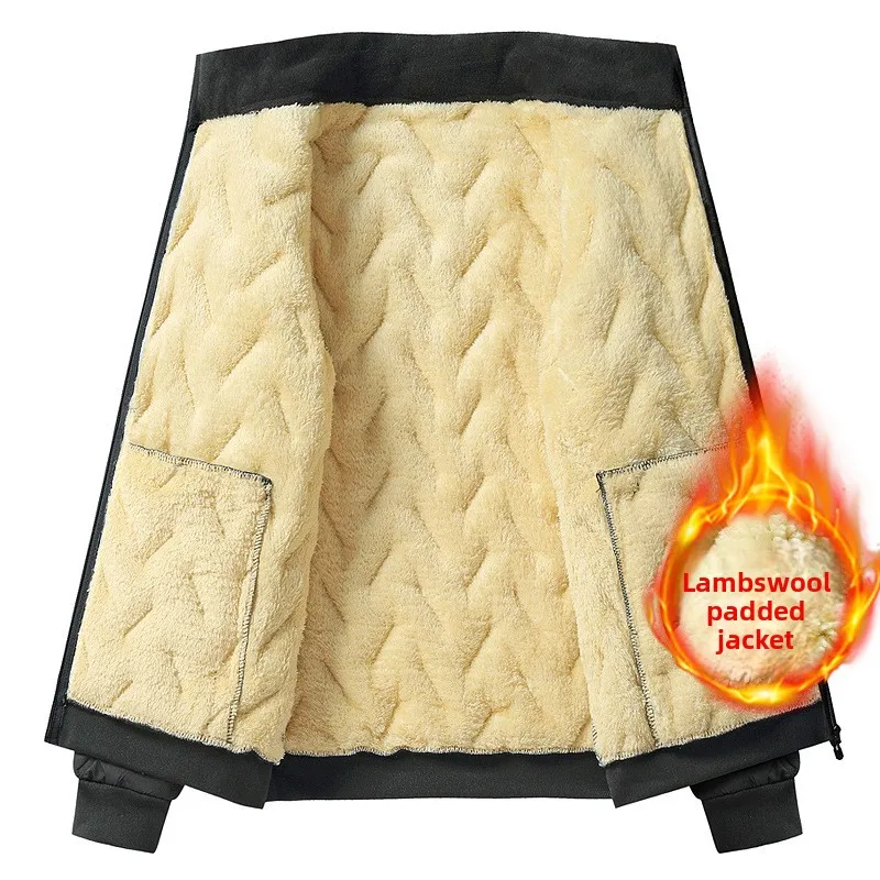 Jaket musim dingin pria baru berbahan wol domba dengan lapisan katun tebal dan beludru hangat untuk luar ruangan, jaket katun kerah tegak untuk salju