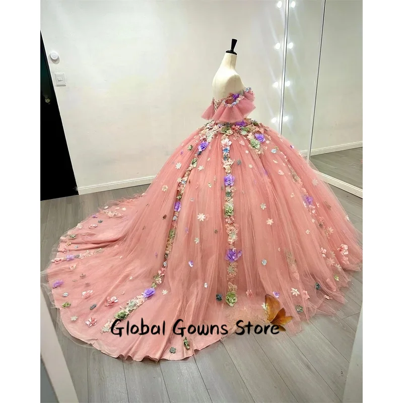 Różowe suknie balowe na quinceañerę, sukienki na 15 urodziny, tiul, kwiaty 3D, gorset, aplikacje z koronki, długość do podłogi, vestidos de, możliwość personalizacji.