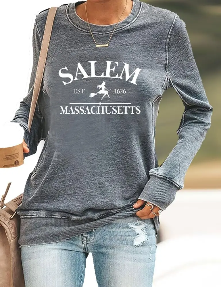 Salem Massachusetts 긴 소매 셔츠 캐주얼 할로윈 스웨트셔츠 빈티지 웃긴 크루넥