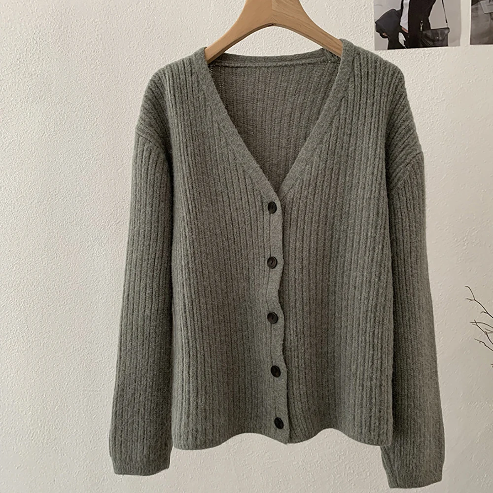 Frauen Solide Gestreiften Pullover Strickjacken Herbst Einfache V-ausschnitt Einreiher Lose Stricken Outer Weiche Alle-Spiel Pullover 18-24Y