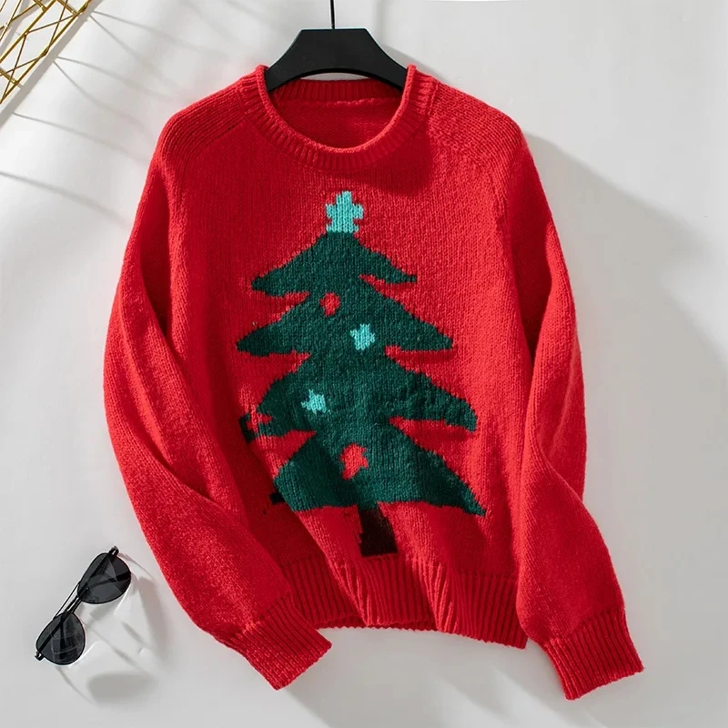 

Abbigliamento Donna Autunno Round Neck Long Sleeve Loose Christmas Tree Print Versatile Knitted Pullover Sweater Roupas Feminina