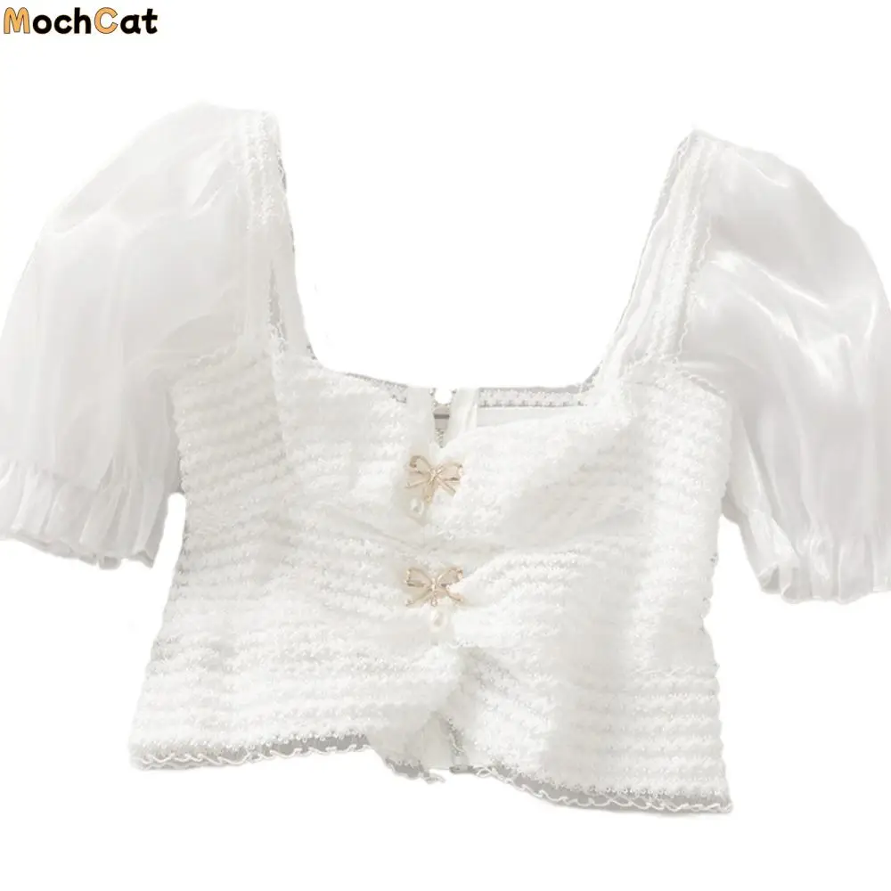 

Pleated Puff Sleeve Crop Top Knitwear Slim Fit Lace Bow Knit T-shirt Spicy Girl Style Female Clothing Sweet Top Women Summer