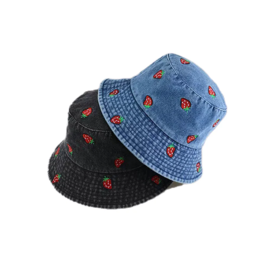 Spring Summer Strawberry Embroidery Denim Jeans Bucket Hat Legent Fisherman Hats for Women Foldable Sport Sun Beach Panama Caps