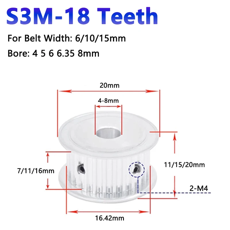 

1pc 18 Teeth S3M Timing Pulley Aluminum Alloy 18T Synchronous Wheel For Belt Width 6 10 15mm Bore 4 5 6 6.35 8mm AF Type