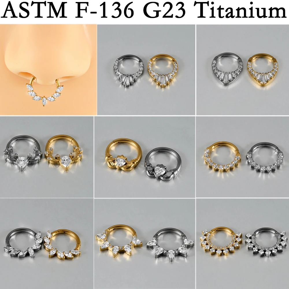 1 pieza de aleación de titanio, muchos CZ pavimentado, tabique nasal, 16g, gota de agua redonda, ojo de caballo, Zirconia, hélice de oreja, pendiente de aro Daith, Piercing
