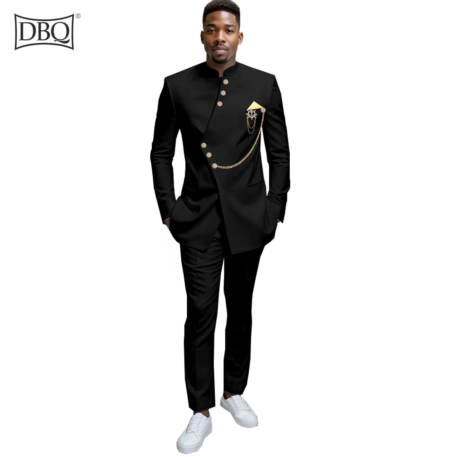 DBQ Men's Slim Fit 2 Piece Suit, Gold Button Chain Kerchief Brooch Solid Jacket Pants Set African Clothes