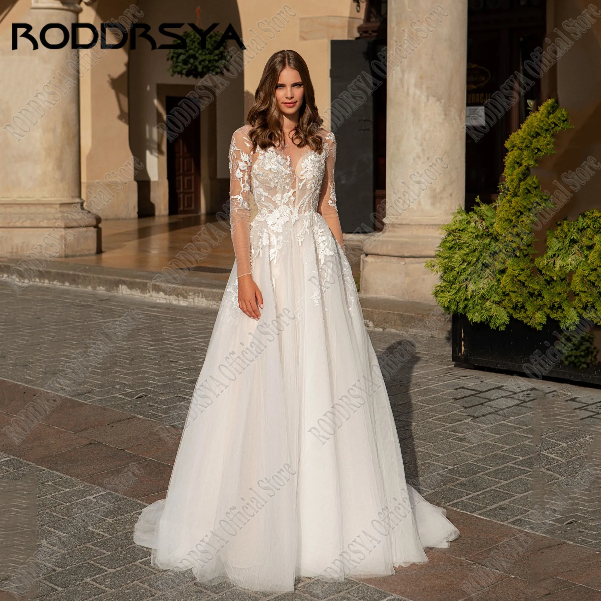 

RODDRSYA Customized Lace Wedding Dress Women O-Neck Applique Backless Long Sleeves Sweep Train vestido de novia 2025 Bride Gowns