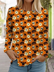 Halloween damska koszulka z długim rękawem śliczna głowa dyni 3D wzór T Shirt 2024 moda jesienna damska top pulower w stylu Harajuku odzież