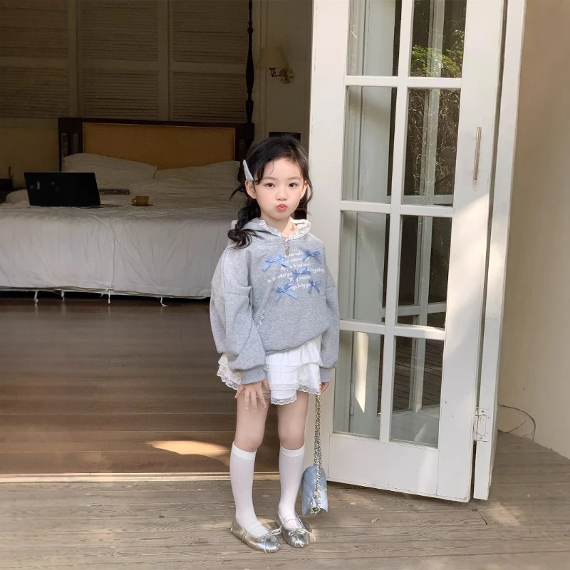 

Girls' 2025 Autumn New Style Bow Western Style Leisure Lace Decorative Cotton Hoodie