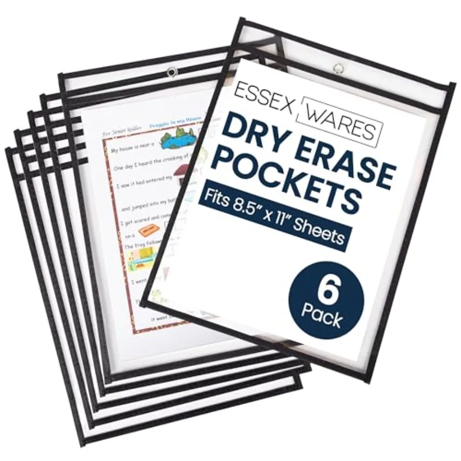 

6 Pack,,Dry Erase Pocket Document Protectors, 10" Wide x 13.5" Tall - Dry Erase Clear Plastic Sleeves - Reusable and Easy Erase