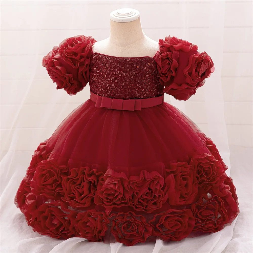 MQATZ Kids Boutique Floral Dress for Baby Girls Short Sleeve Flower Dress Children Party Dresses Sequins Evening Ball Gown