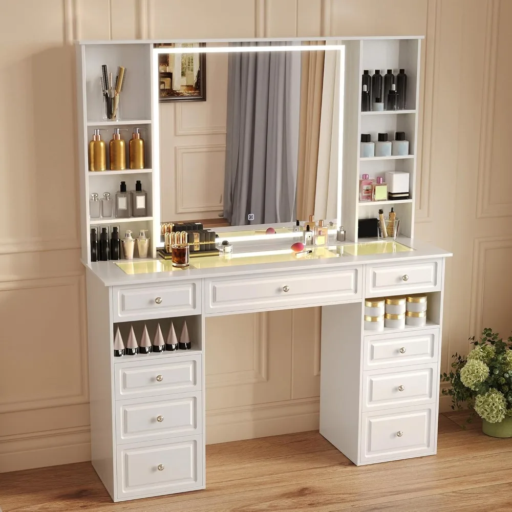 

Vanity Desk with Mirror and Lights, Glass Top Dressing Table with 9 Drawers, European Style Vanity Table, Makeup Vanities