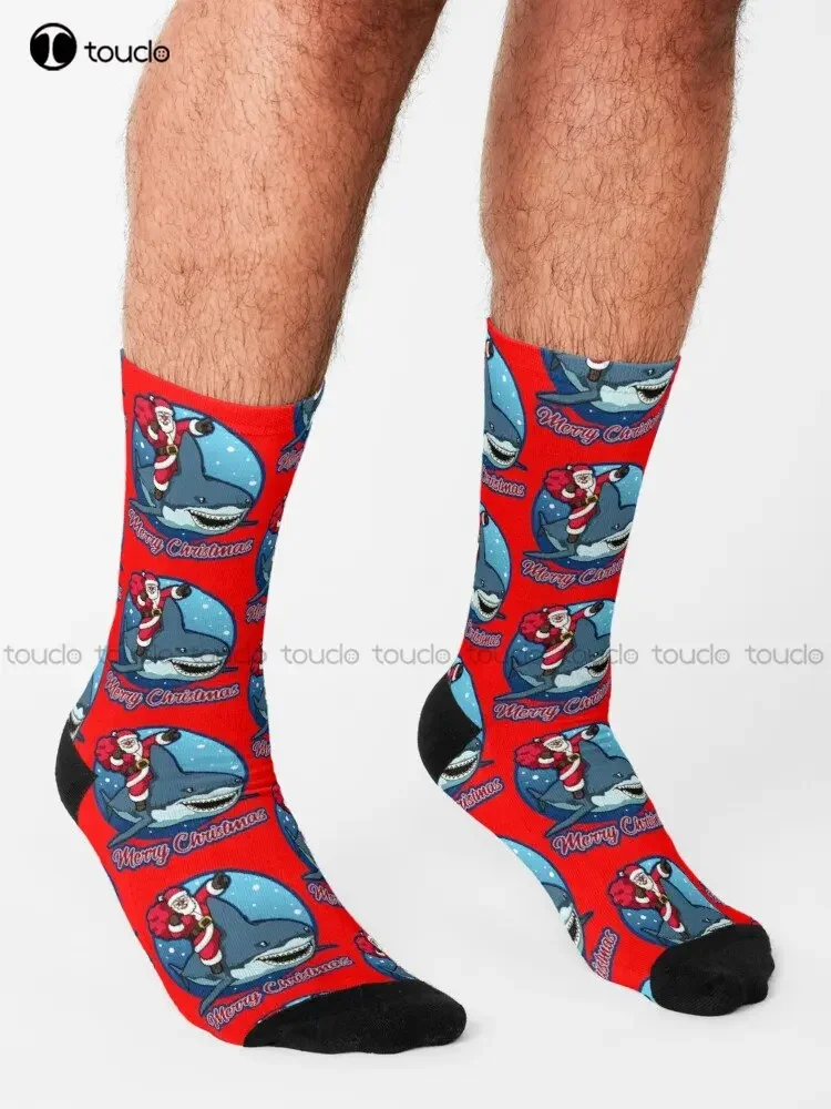 Santa Claus On A Cute Shark - Merry Christmas! Socks Pink Socks Personalized Custom Unisex Adult Teen Youth Socks Custom Gift