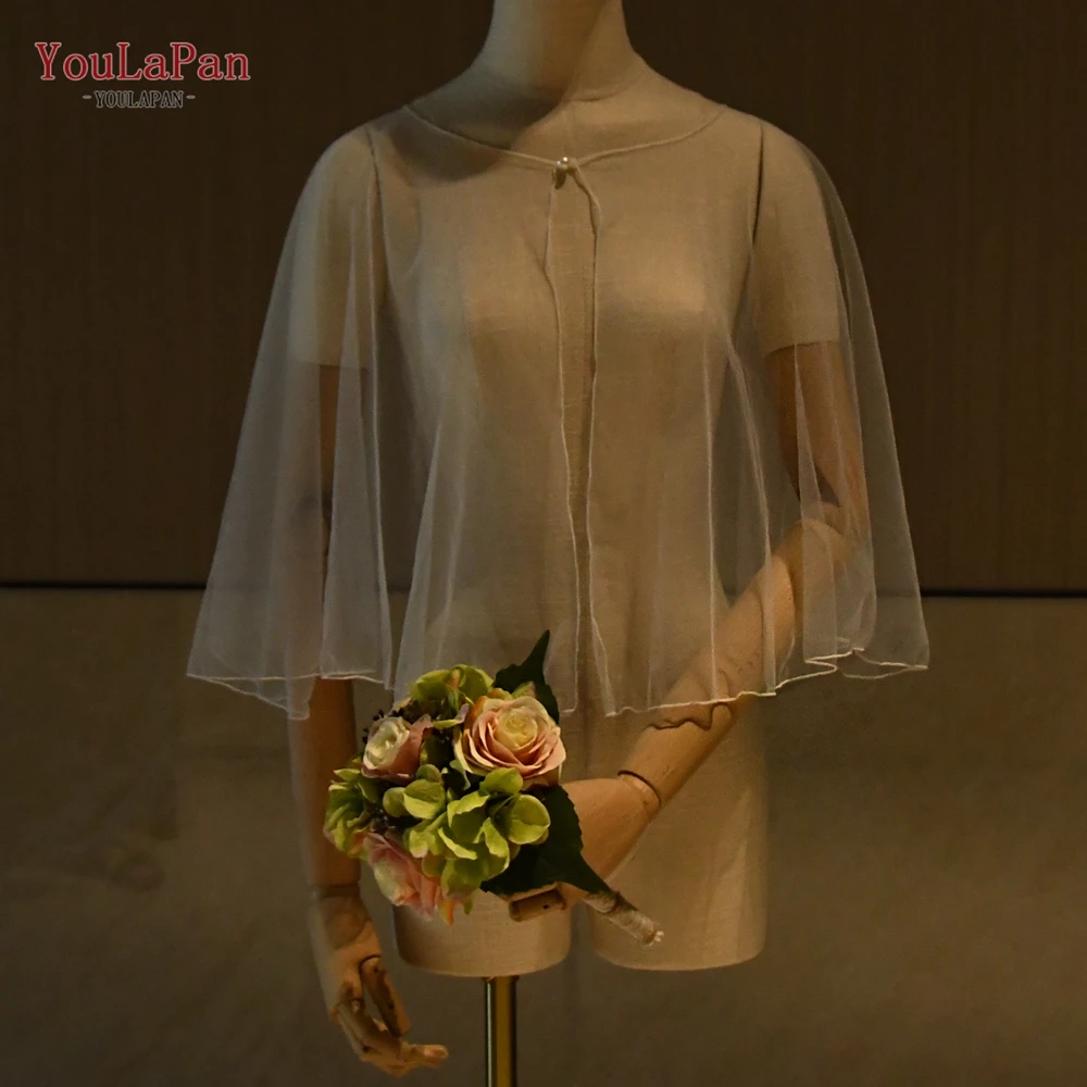 TOPQUEEN Summer Tulle Crop Top Bridal Dress Accessories Shawl Elbow Length Cardigan Pearl Button Top Blouse VG89 Customizable