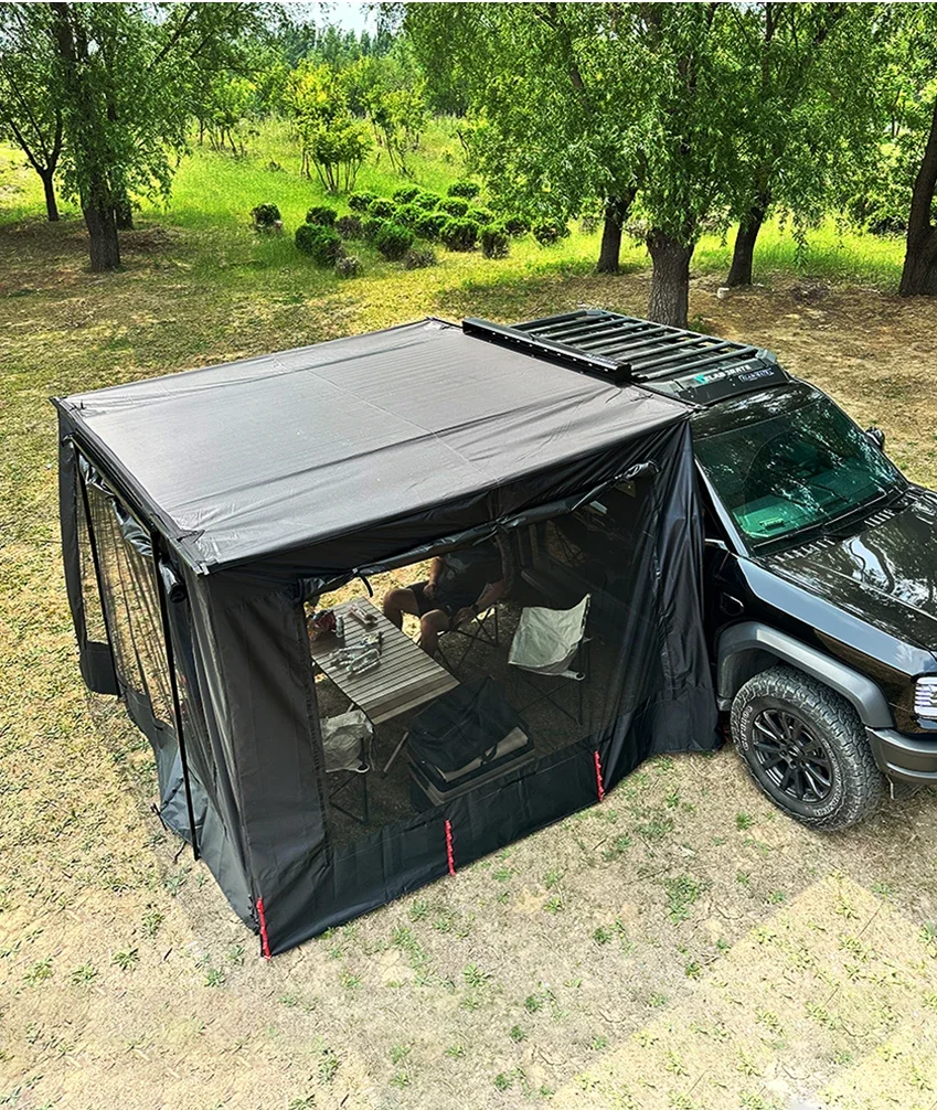 Aluminum Alloy Hard-shell Sunshade Unfolds  an Area of 9 square Meters, Featuring Lighting, Rain protection and Sun Protection.