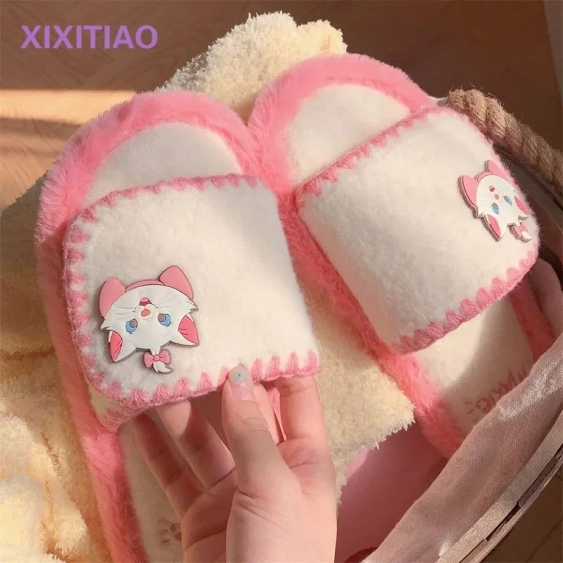 Cute Disney Series Marie Cat Lucifer Doll Cute Plush Cotton Slippers Kawaii Autumn Winter Warm Home Shoes Girls\' Sweet Slippers