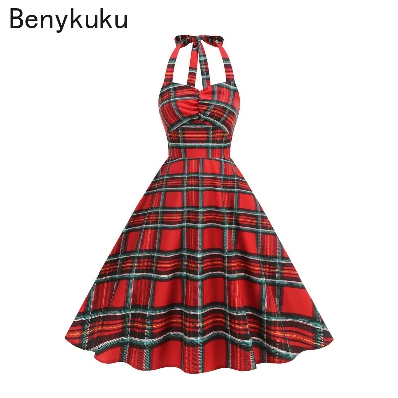 ชุดเดรสวินเทจลายสก็อตแดงแบบผูกคอ ยุค 1950s ปี 2025 สำหรับผู้หญิง ชุดเดรสเปิดหลังรัดรูป ชุดคริสต์มาส ชุดเดรสทรงสวิงสำหรับงานพรอมและงานปาร์ตี้