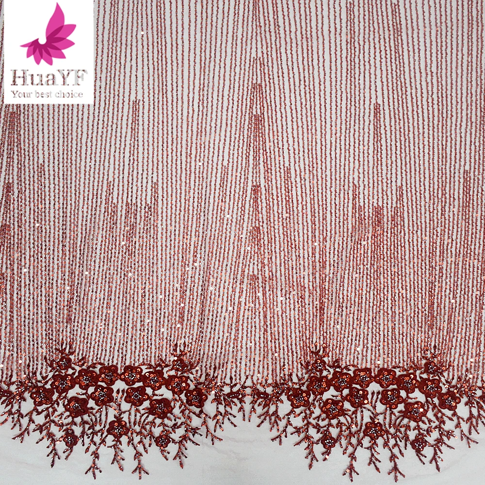 1 Yard Hot-selling Red African Beaded Sequins Fabric Mesh Lace Bride Simple Evening Dress Materials HY2488
