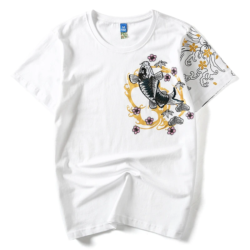 Lyprerazy Retro Japan Embroidery T Shirt Koi Fish Print White Tops Tees Summer Harajuku Men Hip Hop Tshirt Streetwear T-Shirt