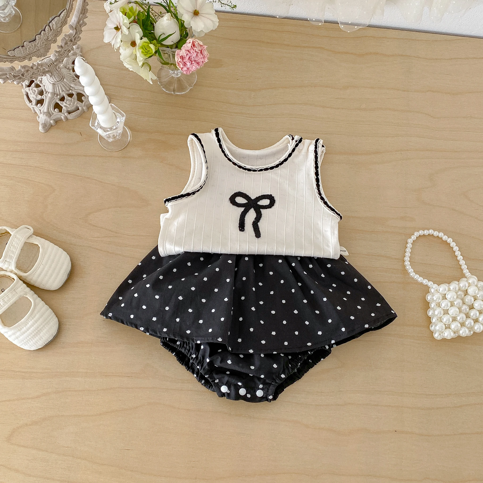 

Girls' summer lightweight set - one-piece dress with baby halter top, sleeveless vest, baggy shorts, two-piece set