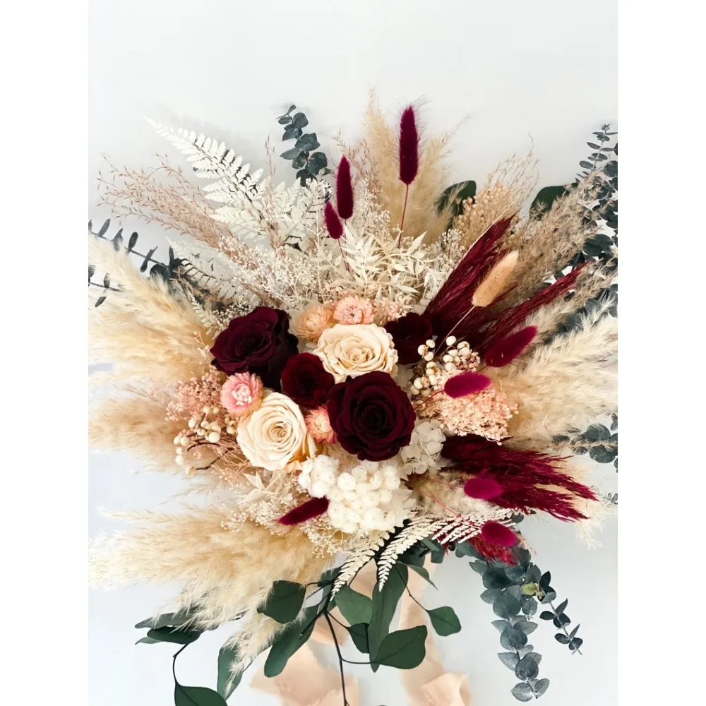 Borgonha secas Pampas Grama Bouquet, Blush e Verdura, Casamento Flores, Noiva e Madrinhas