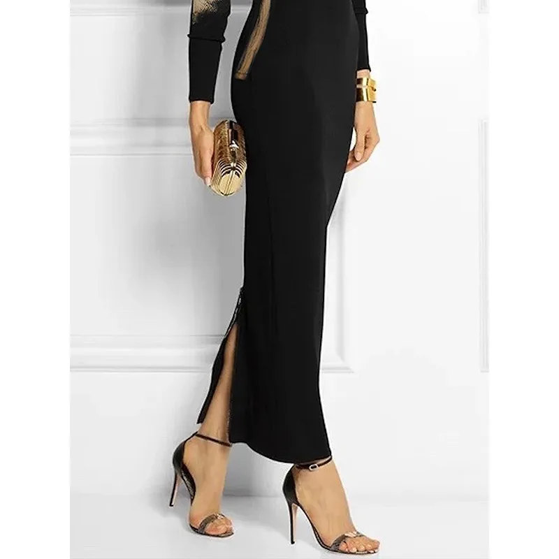 Tinaa Floral Printed Boat Neck Dresses for Women 2025 Skinny Elegant Slit Long Sleeve Evening Party Dress Women Clothing 139196