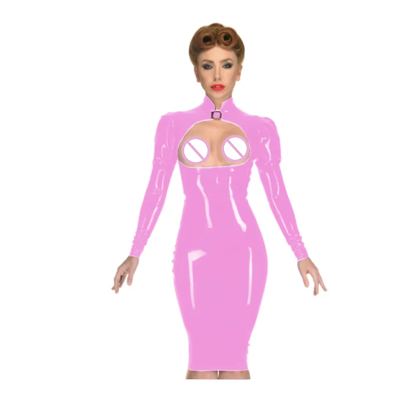 Shiny Wet Look Faux Latex Dress, Sexy Fetish, PVC Slave, Spanking Erotic Dress, Clubwear, Long Sleeve, Bare Breast, Knee-length